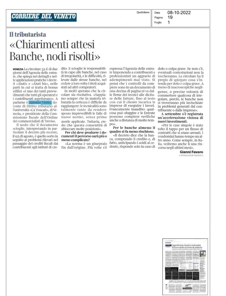 chiarimenti al superbonus intervista al prof. Antonio Viotto sulla circolare 33 dell'agenzia delle entrate. Giornalista Gianni Favero. Per le banche il quadro si fa meno rischioso. A settembre accelerazione vistosa degli investimenti